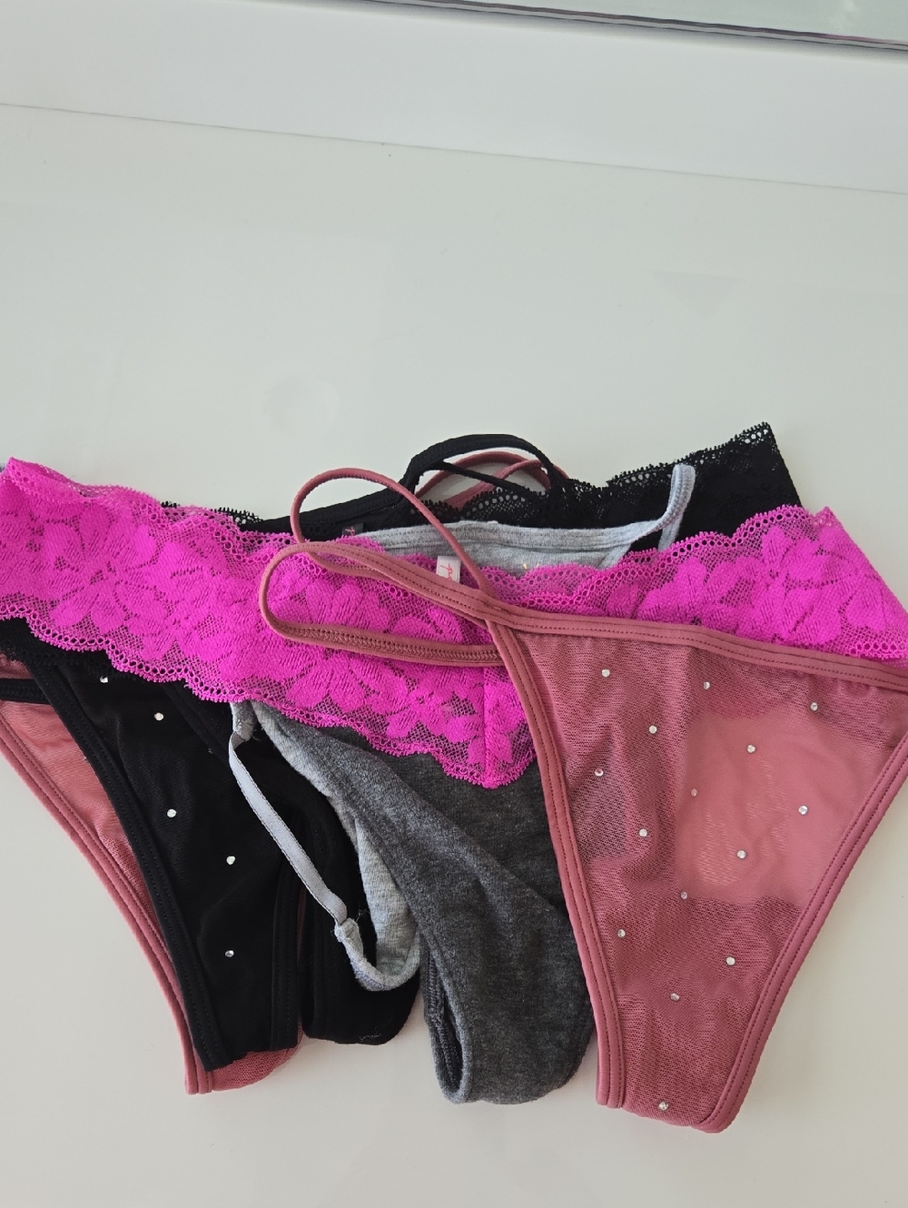 VS Mix of Lace and Rhinestone Thongs Pink, Hot Pink, Black, Gray - 6 Pairs